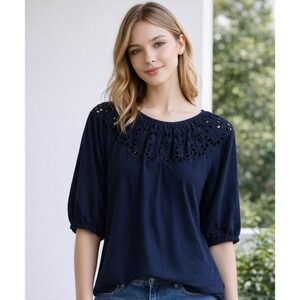 LOFT Black Eyelet Lace Yoke Cotton Top Puff Sleeve Small Boho Embroidered